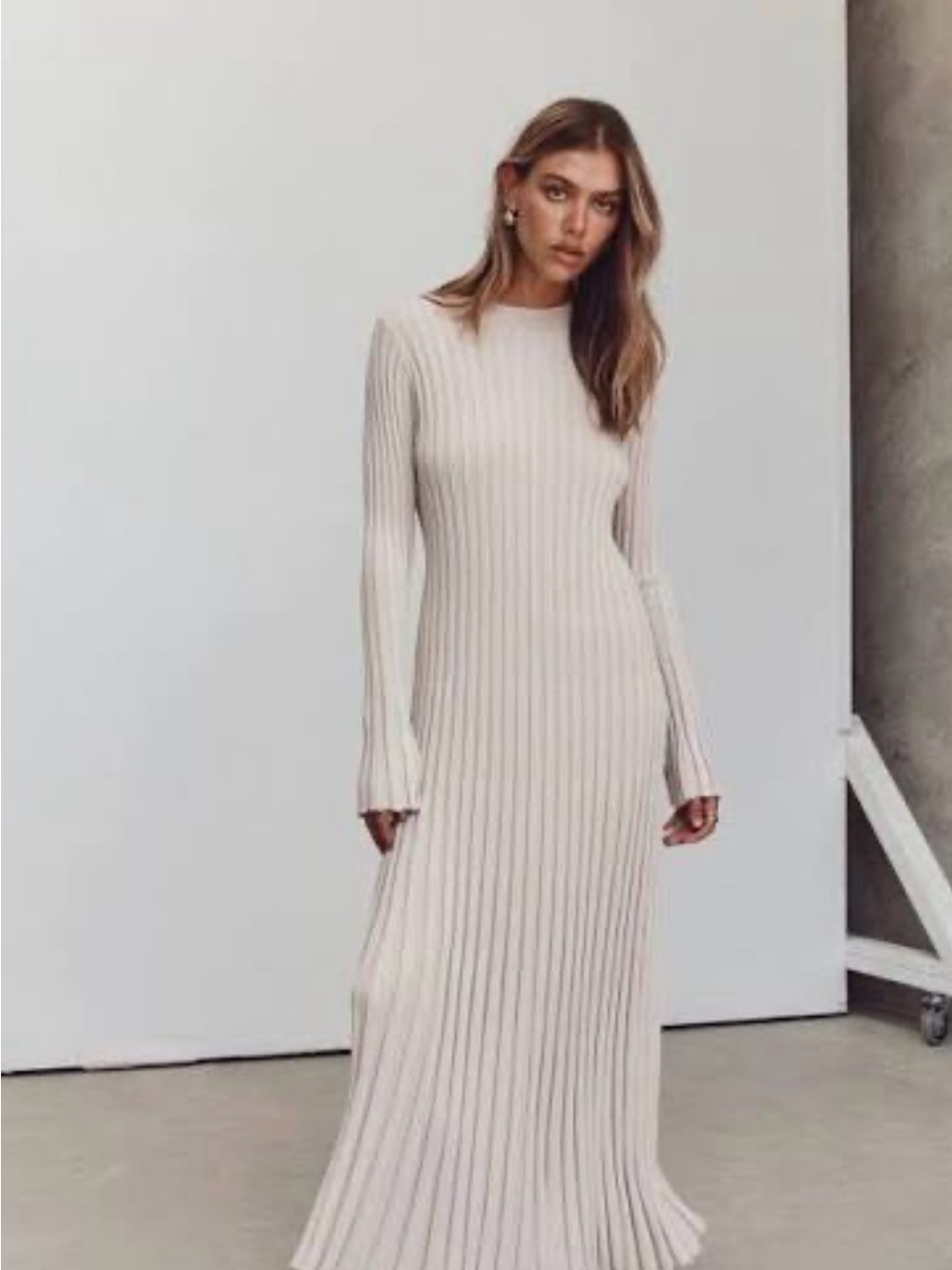 DISSH Long-Sleeve Ribbed Maxi Dress - Cream
